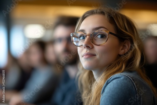 A young woman with glasses engaged in a group setting.