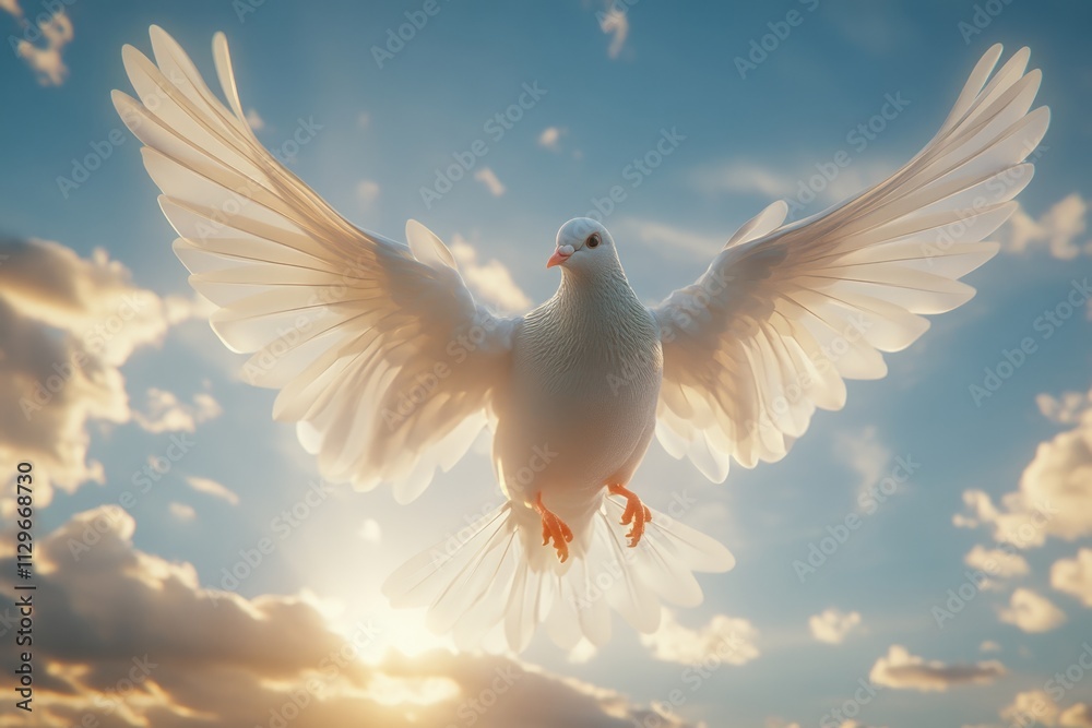Obraz premium Dove soaring with wings open in the sky.