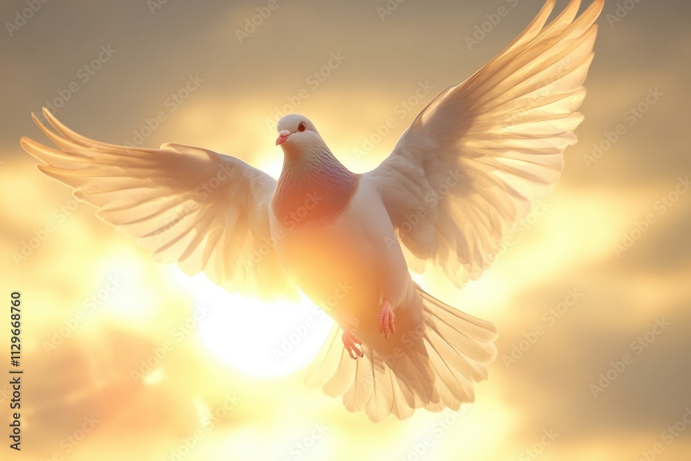 Fototapeta premium Dove soaring with wings open in front of sun