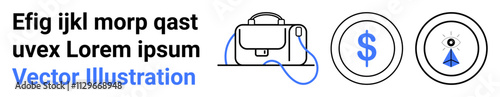 Black briefcase with blue wire, dollar sign in circle, and location pin icon. Ideal for finance, business strategy, investments, navigation, economic presentations, online courses, and startup