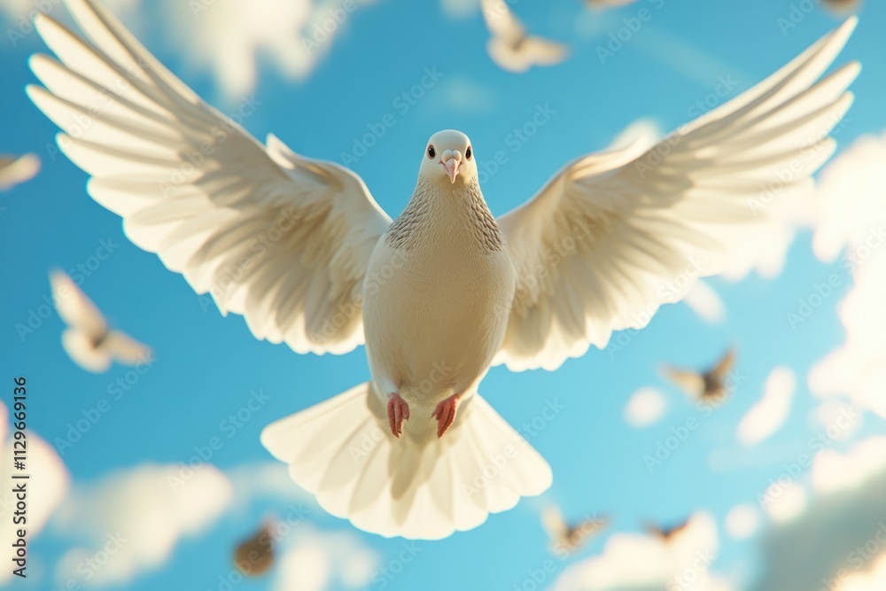 Fototapeta premium Dove soaring with wings open against blue sky