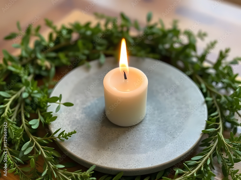 white candle on a stone plate surrounded by greenery, exuding warmth white candle on a stone plate surrounded by greenery, exuding warmth