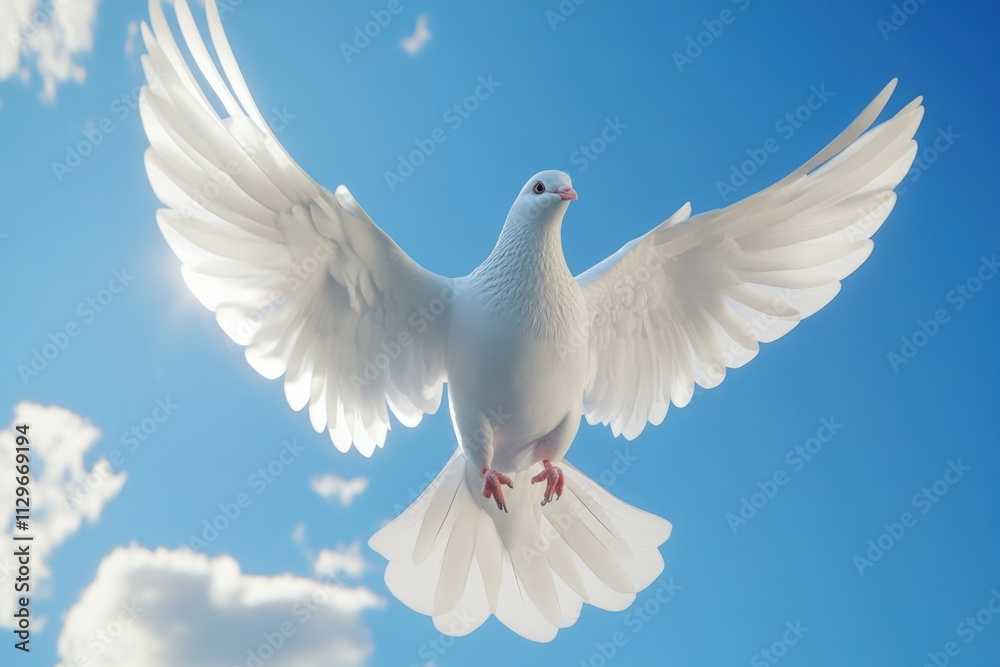 Fototapeta premium Dove soaring with wings open against blue sky