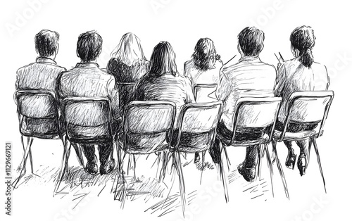 A hand-drawn illustration of an audience sitting in chairs, seen from the side The people have their backs to each other and appear focused on what is being thought or put into writing,


 photo