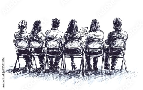 A hand-drawn illustration of an audience sitting in chairs, seen from the side The people have their backs to each other and appear focused on what is being thought or put into writing,


 photo