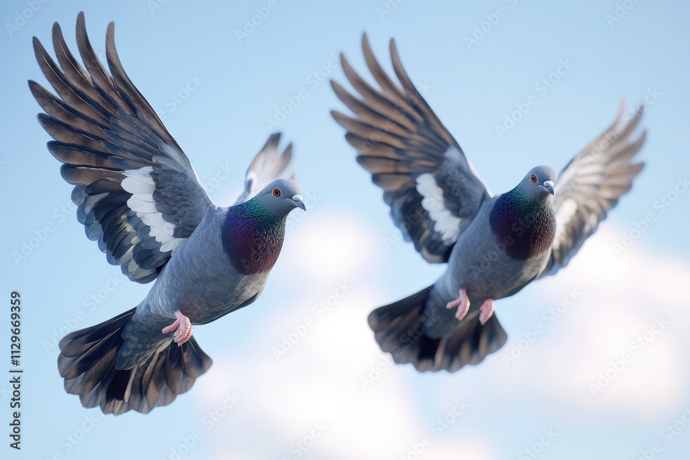 Obraz premium Twin pigeons in the air with wings wide open