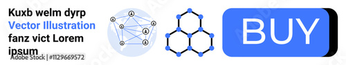 Network diagram with interconnected nodes, hexagonal molecular structure, bold BUY button, placeholder text Vector Illustration. Ideal for technology, e-commerce, molecular biology, network, science