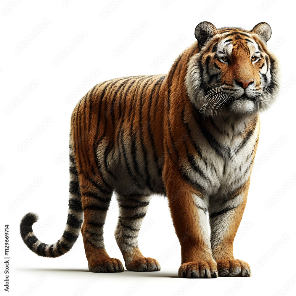 Fototapeta premium Tiger isolated on a white background, Side view, tiger standing full HD image generated by Ai. full body, realistic, full detail looking at the camera.