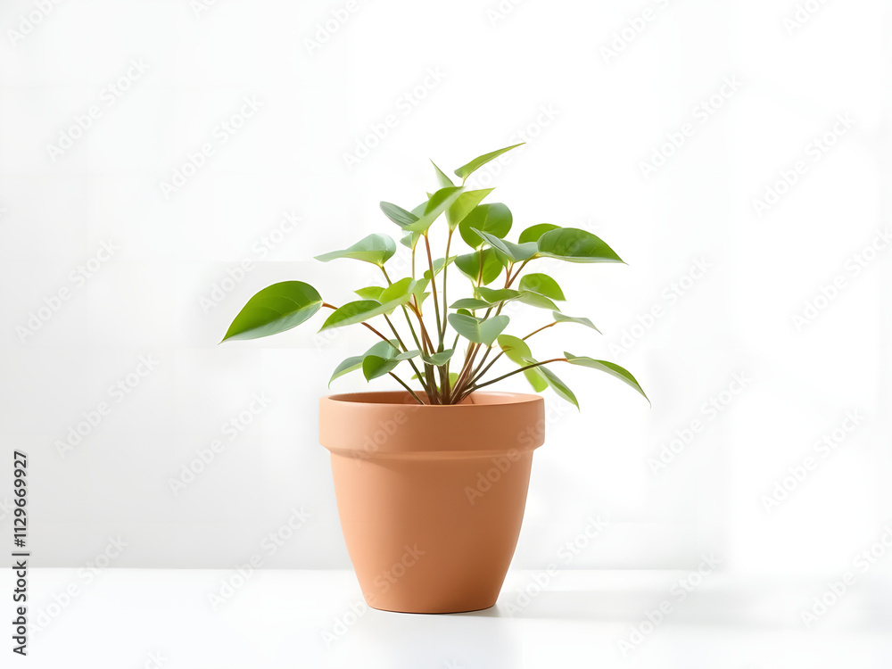 life of a potted plant in a clay pot on a white table under soft natural light life of a potted plant in a clay pot on a white table under soft natural light