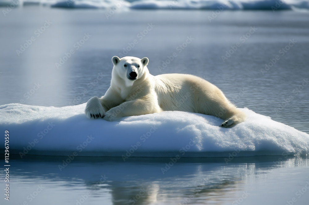Polar bear resting on a melting ice floe in the arctic ocean ...