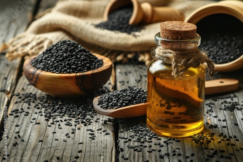 Black sesame seeds and oil on a vintage wooden table with kitchen tools