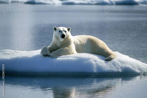 Polar bear resting on a melting ice floe in the arctic ocean, showcasing the impact of climate change on wildlife photo