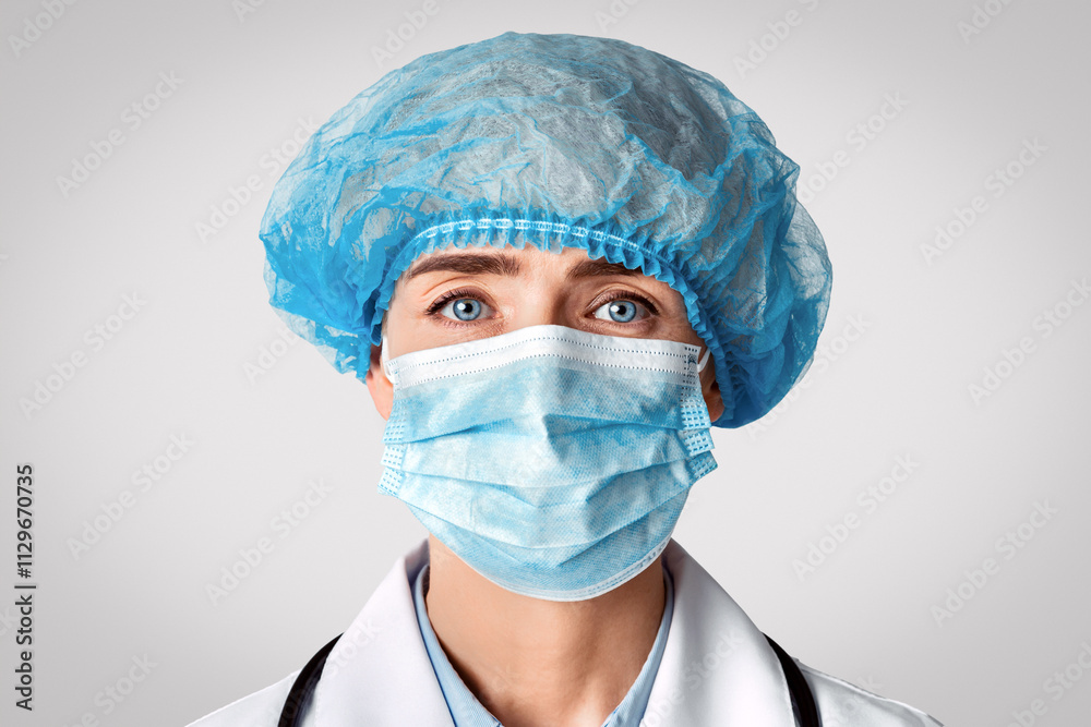 Therapist in a protective mask and hat and stethoscope on light background Therapist in a protective mask and hat and stethoscope on light background