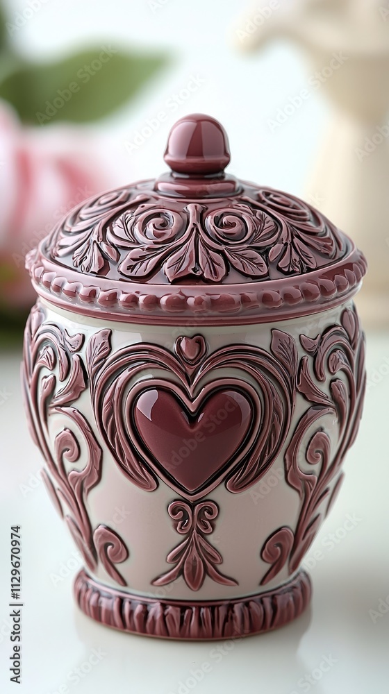 Elegant decorative porcelain jar with floral design home decor studio setting close-up view vintage charm Elegant decorative porcelain jar with floral design home decor studio setting close-up view vintage charm