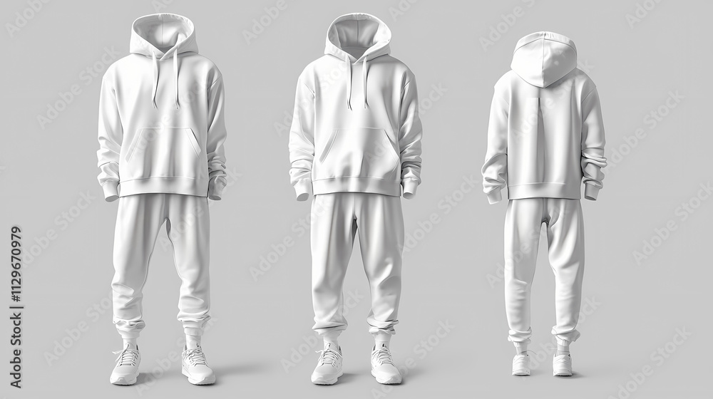 Isolated white hooded sweatshirt and matching sweatpants on a clean background, perfect for showcasing athletic wear, loungewear, or casual fashion brand mockups. Erosion. Illustration Isolated white hooded sweatshirt and matching sweatpants on a clean background, perfect for showcasing athletic wear, loungewear, or casual fashion brand mockups. Erosion. Illustration