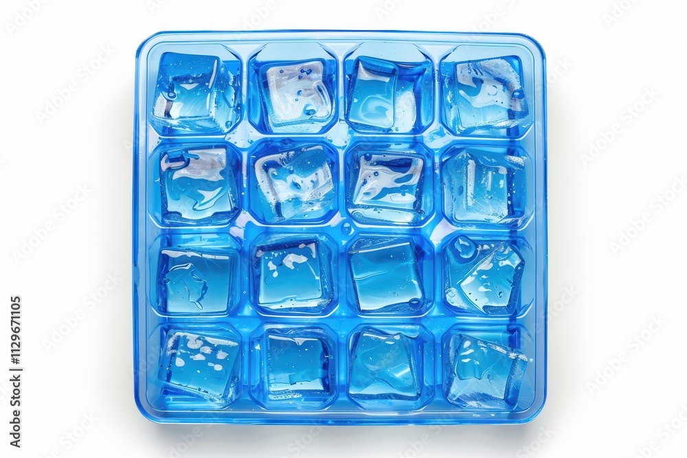 Blue ice cube tray viewed from above on white background Blue ice cube tray viewed from above on white background
