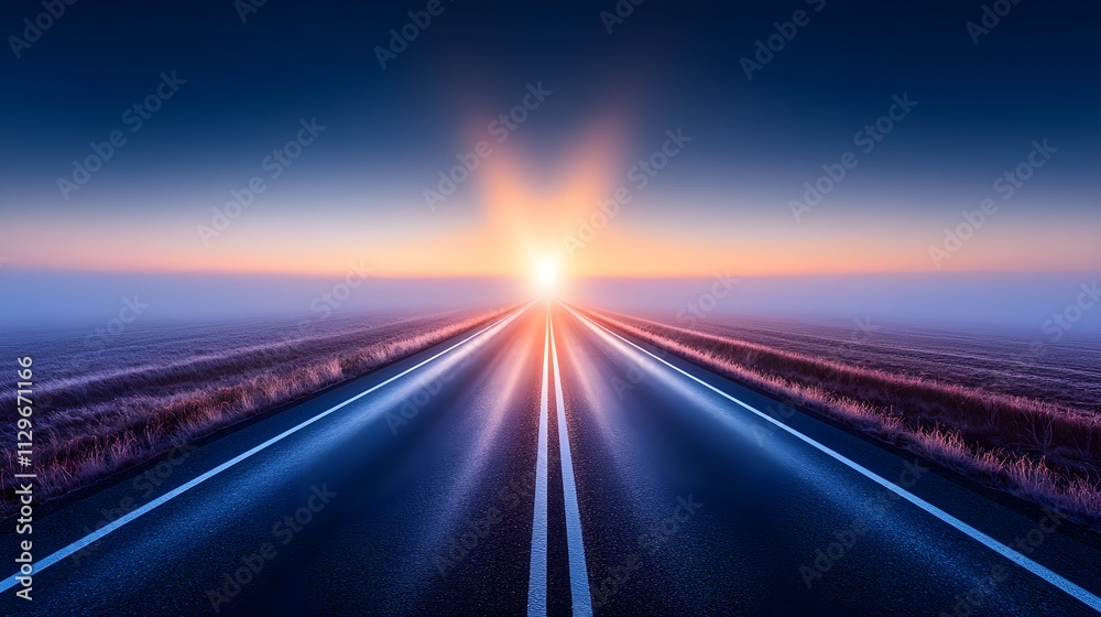 Lonely highway disappearing into a vast fog, faint beams of light emerging beyond, a metaphor for clarity after facing life's challenges