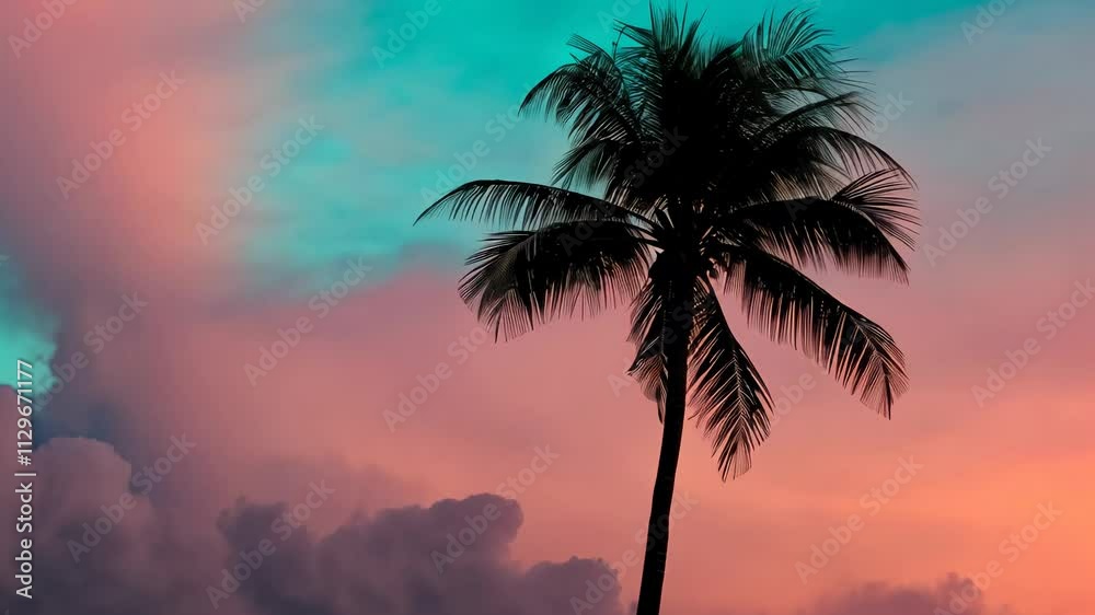 Palm tree silhouette against vibrant sunset sky Palm tree silhouette against vibrant sunset sky