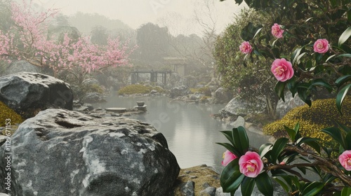 Vibrant Japanese Camellia sasanqua flowers floating in rippling water, surrounded by green leaves, reflecting colorful light patterns, creating a serene and artistic natural scene. photo