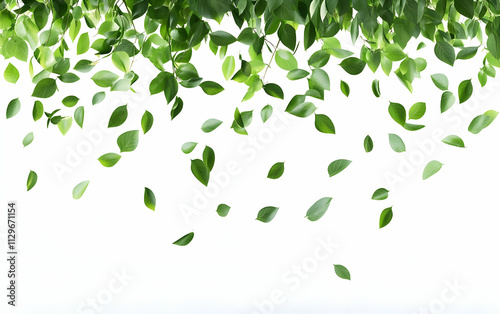 Green leaves falling gracefully, 3D rendering, isolated on white background,, AI Generated