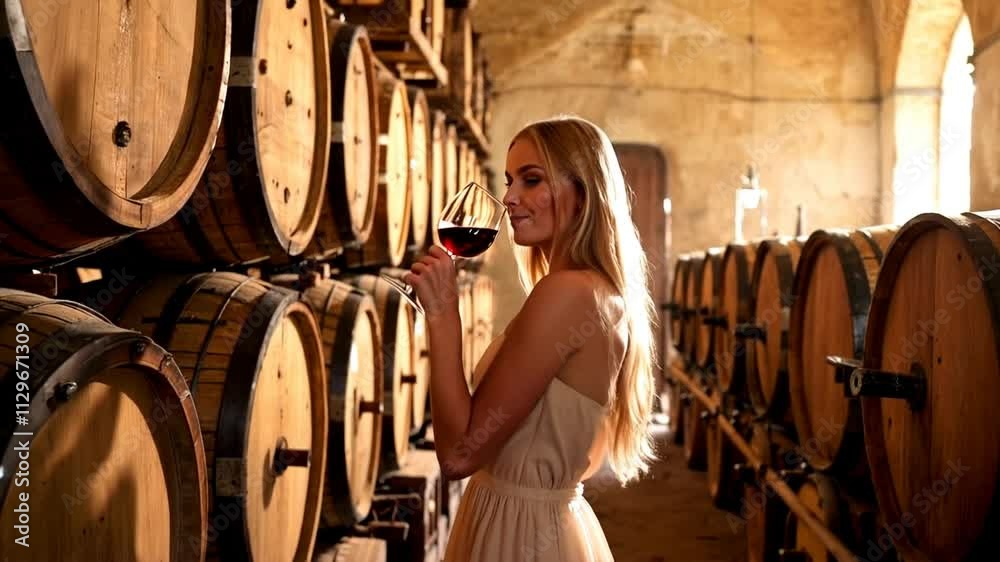 A beautiful woman drinking wine in a cellar full of wine barrels.