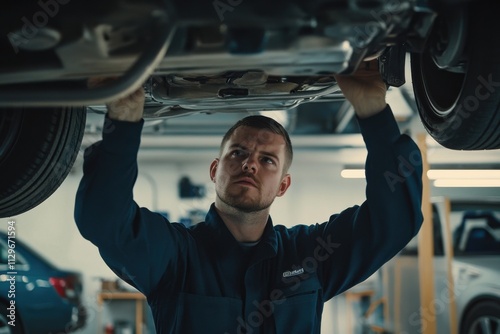 Auto mechanic working on the undercarriage of a car in a workshop. The mechanic is wearing dark blue workwear with white details and is holding up their hands to look underneath the vehicle. photo