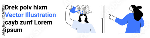 Person watering flowers on their head while another points at a document. Ideal for teamwork, collaboration, creativity, self-care, mental health, education, community projects. Banner for landing