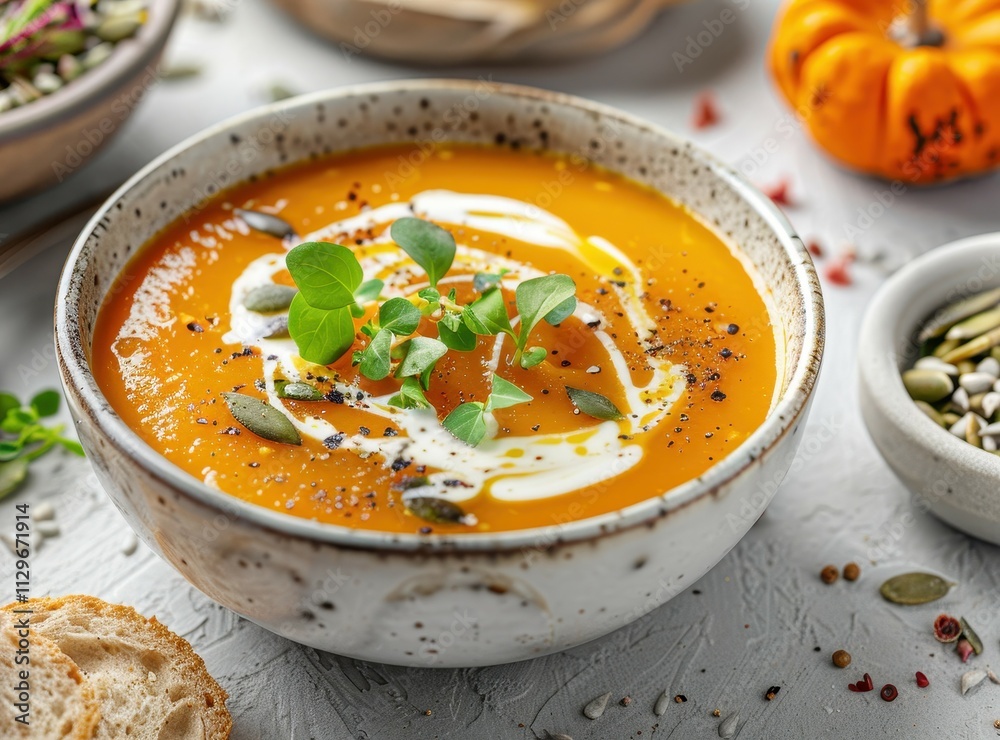 Butternut squash soup with heavy cream and sunflower greens Creamy pumpkin soup in white bowl on gray table Focus on food Butternut squash soup with heavy cream and sunflower greens Creamy pumpkin soup in white bowl on gray table Focus on food