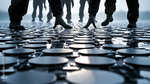 Workers in muted grayscale tones stand over a floor of ceramic mosaics, their silhouettes merging into the detailed tiles in a surreal industrial setting--style raw photo