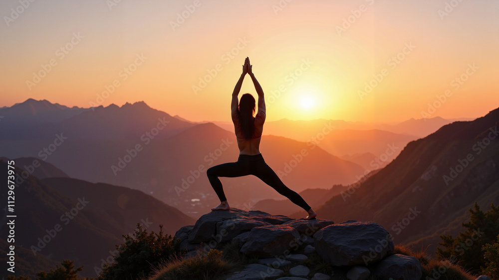A yoga session atop a mountain at sunset, capturing adventure, serenity, and spiritual elevation in the midst of awe-inspiring natural beauty.
