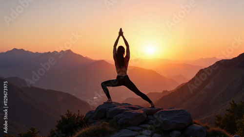 Obraz na płótnie A yoga session atop a mountain at sunset, capturing adventure, serenity, and spiritual elevation in the midst of awe-inspiring natural beauty. w salonie
