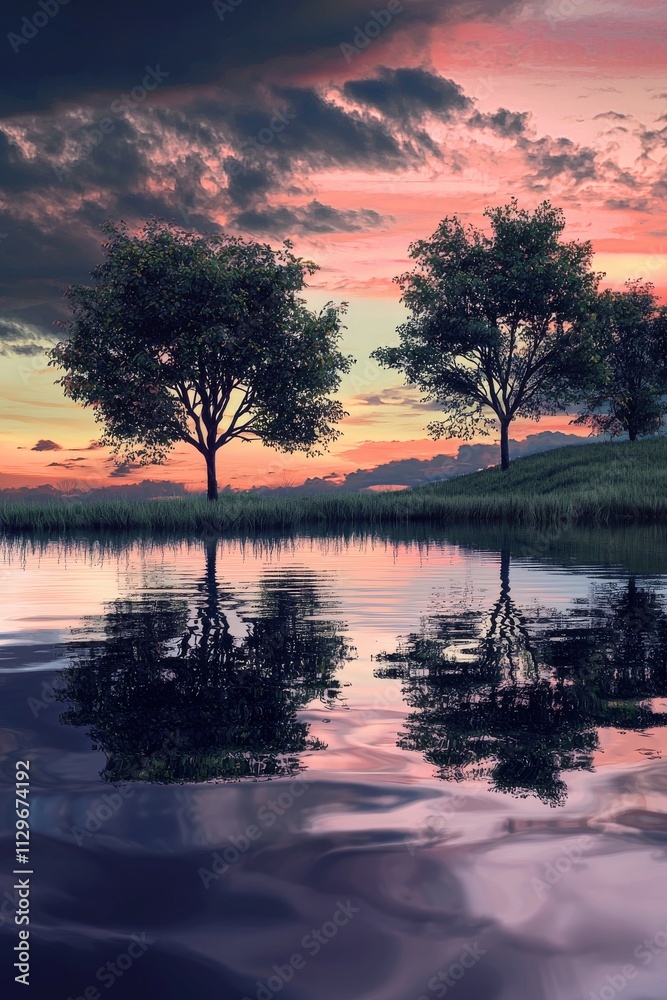 Fototapeta premium Serene landscape at dusk with two trees reflecting in calm water under a colorful sky.