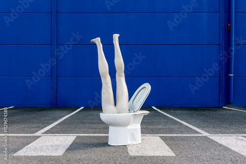 Surreal Image of Legs Emerging from Toilet Against Blue Wall photo