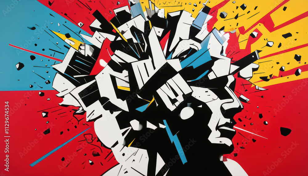 Naklejka premium Exploding head of abstract geometric shapes representing mental conflict and pressure, showcasing vibrant colors and dynamic forms in pop art style