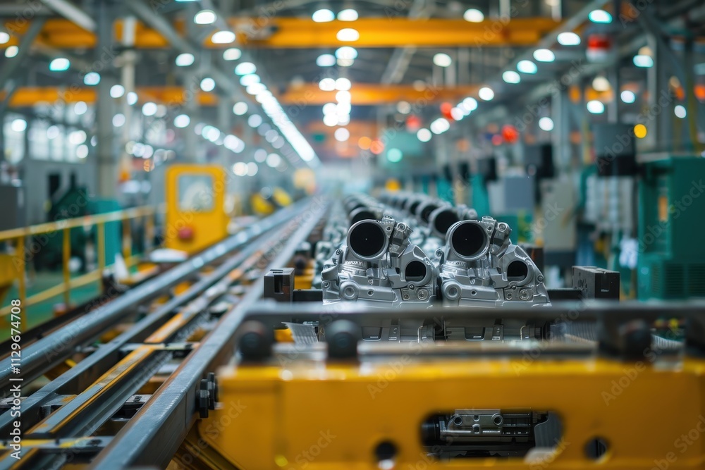 Car engine cylinder heads on conveyor in shop Car engine cylinder heads on conveyor in shop
