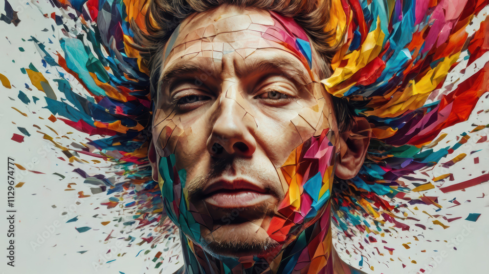 human head exploding into swirl of colorful thoughts and emotions ...