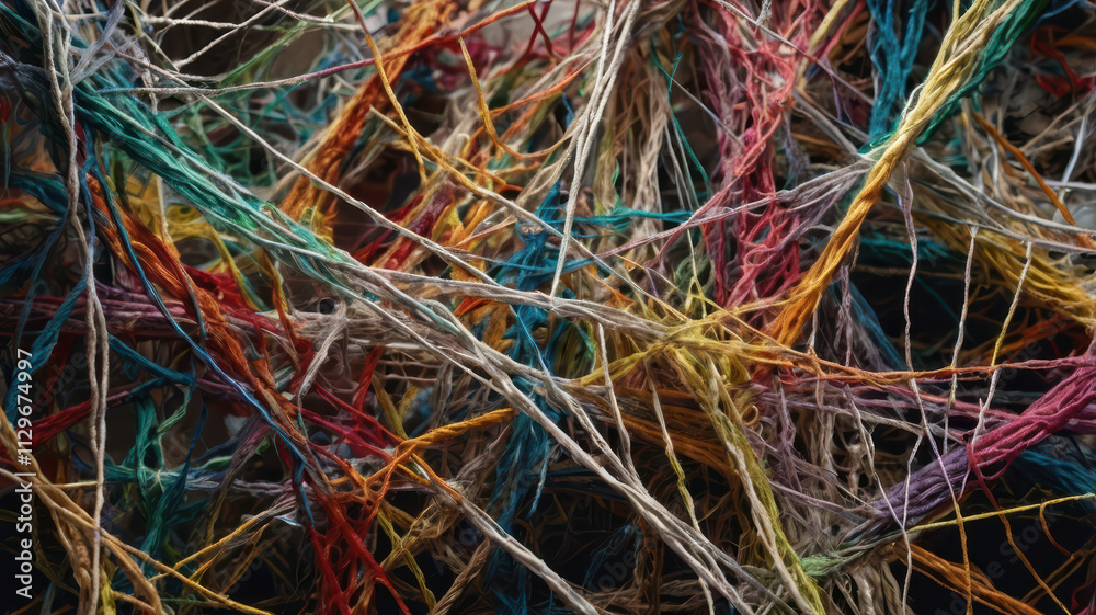 Colorful threads create tangled web, showcasing vibrant hues and intricate patterns. This abstract composition evokes creativity and complexity in design Colorful threads create tangled web, showcasing vibrant hues and intricate patterns. This abstract composition evokes creativity and complexity in design