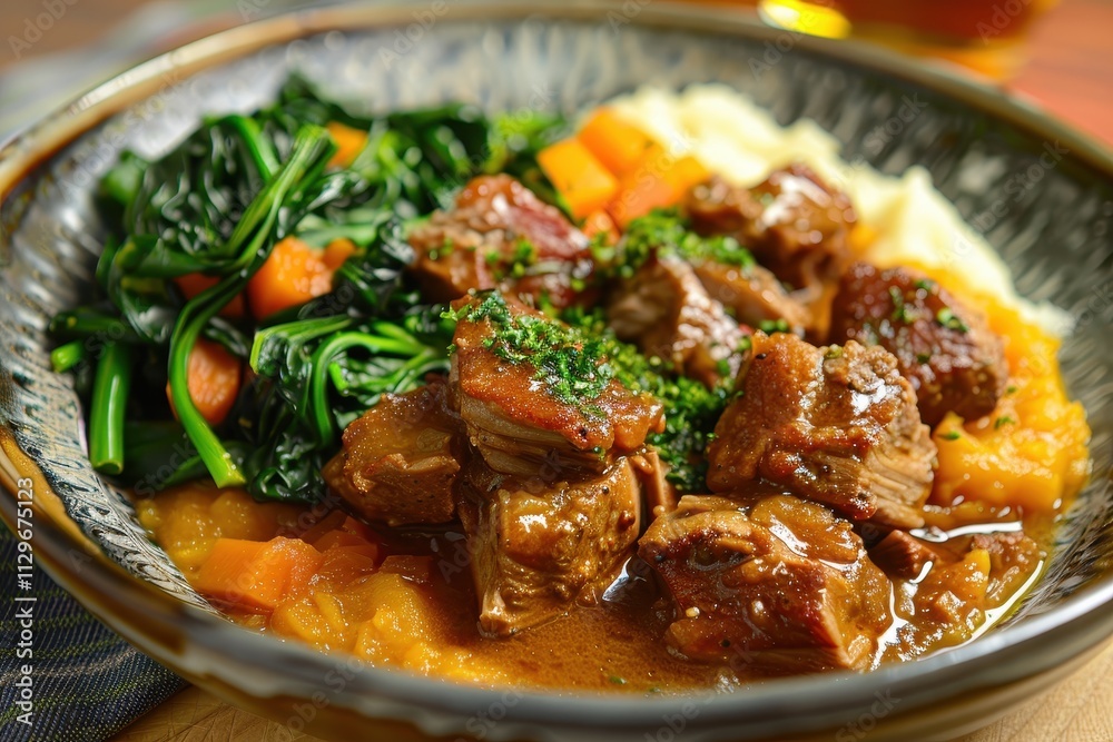 Caribbean pork with coconut sauce kumara mash and garlicky greens Caribbean pork with coconut sauce kumara mash and garlicky greens