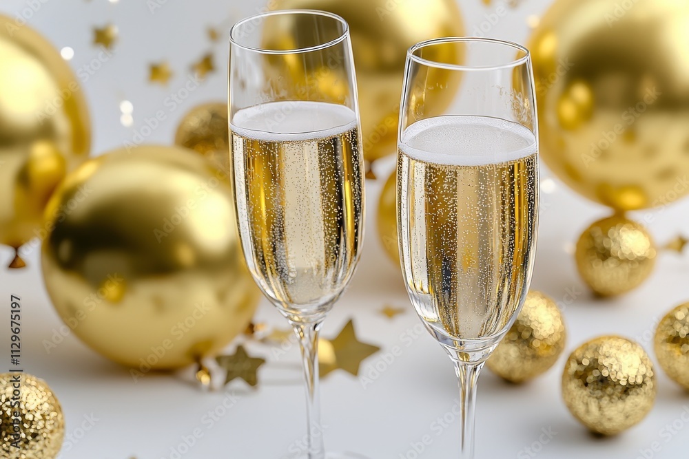 Two elegant champagne flutes filled with bubbly sparkling wine, surrounded by gold decorations and festive orbs. Two elegant champagne flutes filled with bubbly sparkling wine, surrounded by gold decorations and festive orbs.