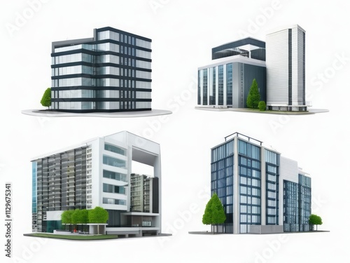 Different styles of modern buildings isolated on white background, high rise buildings.