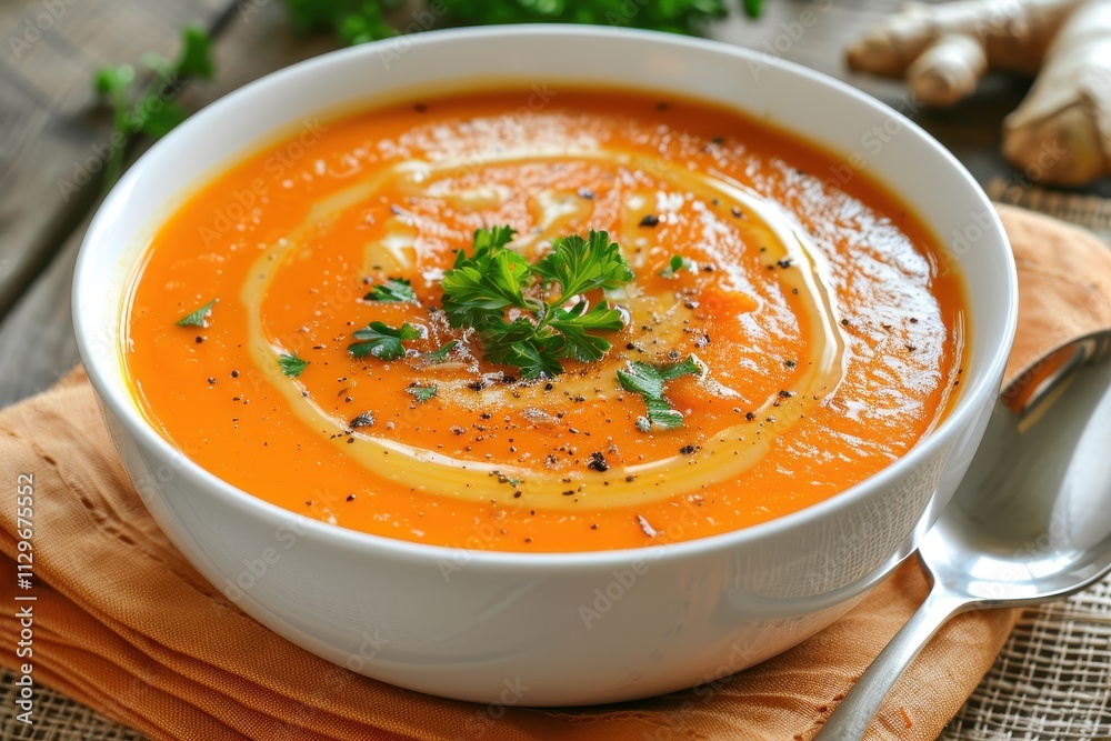 Carrot ginger soup with parsley in bowl Carrot ginger soup with parsley in bowl