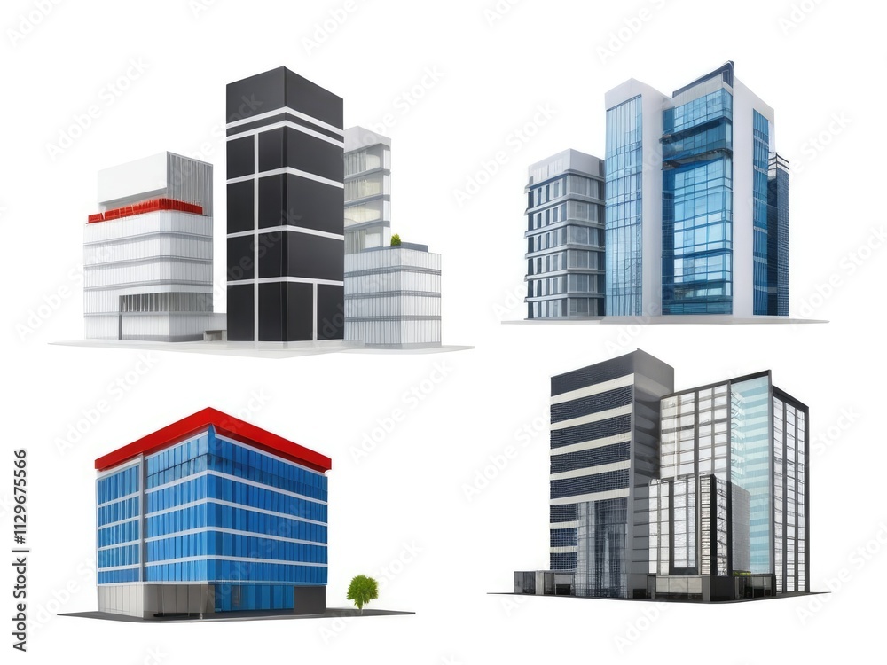 Different styles of modern buildings isolated on white background, high rise buildings. Different styles of modern buildings isolated on white background, high rise buildings.