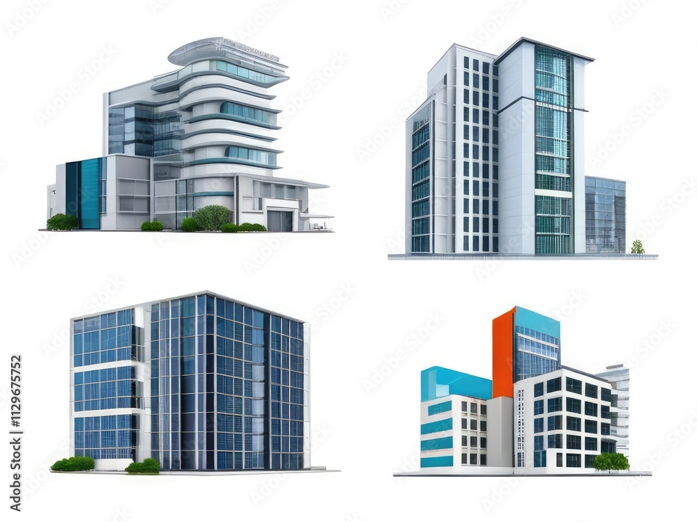Different styles of modern buildings isolated on white background, high rise buildings. Different styles of modern buildings isolated on white background, high rise buildings.