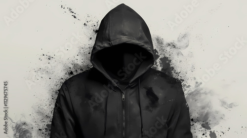 A black hooded jacket with a zipper closure. Erosion. Illustration
