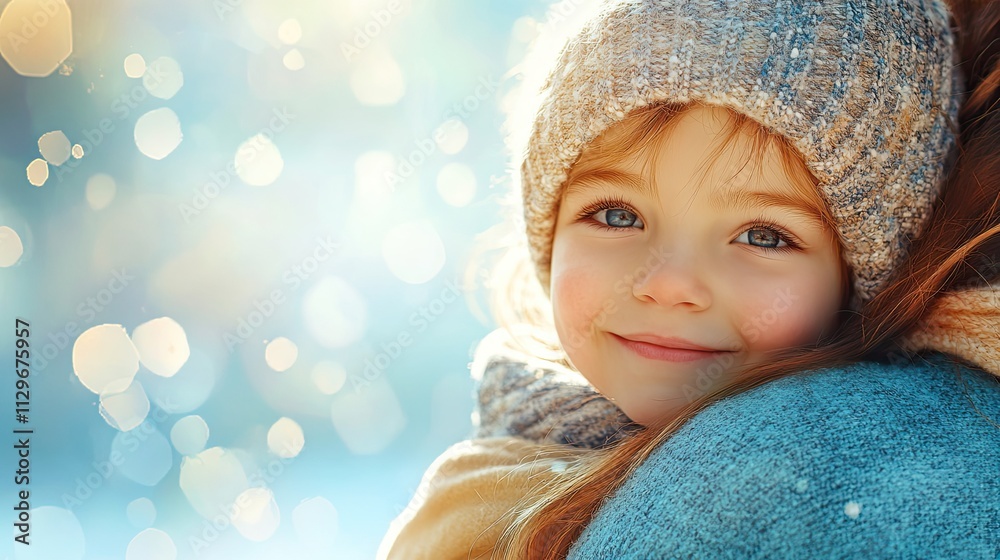 Happy child smiling and embracing mother in winter wonderland Happy child smiling and embracing mother in winter wonderland