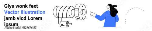 Woman pointing at mechanical component, highlighting design elements. Ideal for engineering tutorials, educational content, technical manuals, workshops, industry training, technology blogs