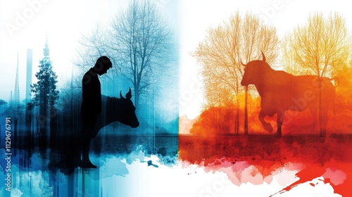 A symbolic composition contrasting a man facing a small bull with a vibrant blue forest and a powerful charging bull in fiery red tones, showcasing themes of duality and inner conflict.