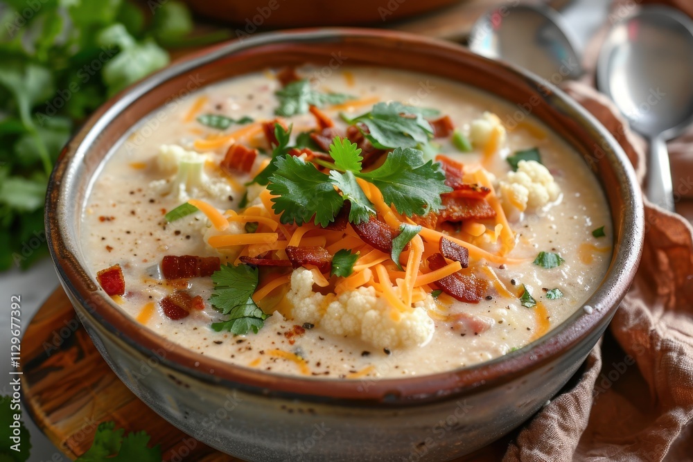 Cauliflower chowder topped with cheddar bacon and cilantro Cauliflower chowder topped with cheddar bacon and cilantro