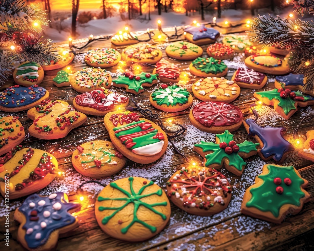 A vibrant display of festive holiday cookies on a rustic wooden table, adorned with lights and winter decorations. A vibrant display of festive holiday cookies on a rustic wooden table, adorned with lights and winter decorations.