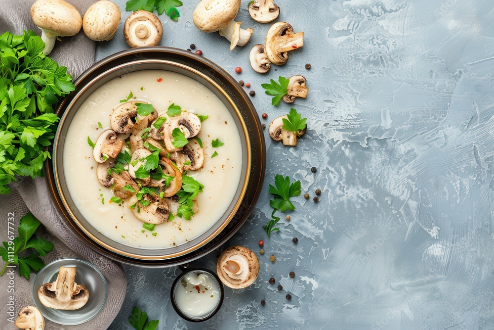 Cauliflower soup with mushrooms in a bowl on blue surface Top view with space for text Cauliflower soup with mushrooms in a bowl on blue surface Top view with space for text